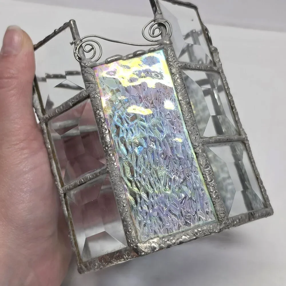 Vintage Stained Glass Votive Tea Light Candle Holder Clear Iridescent MCM
